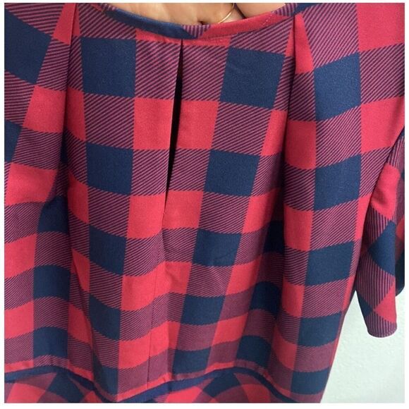 DRAPER JAMES | red navy blue tartan plaid fit and flare short sleeve dress 4 - Picture 4 of 9
